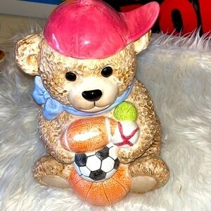 Teddy bear sports cookie jar. Young’s exclusive. 1999.  12” tall. 8” wid…